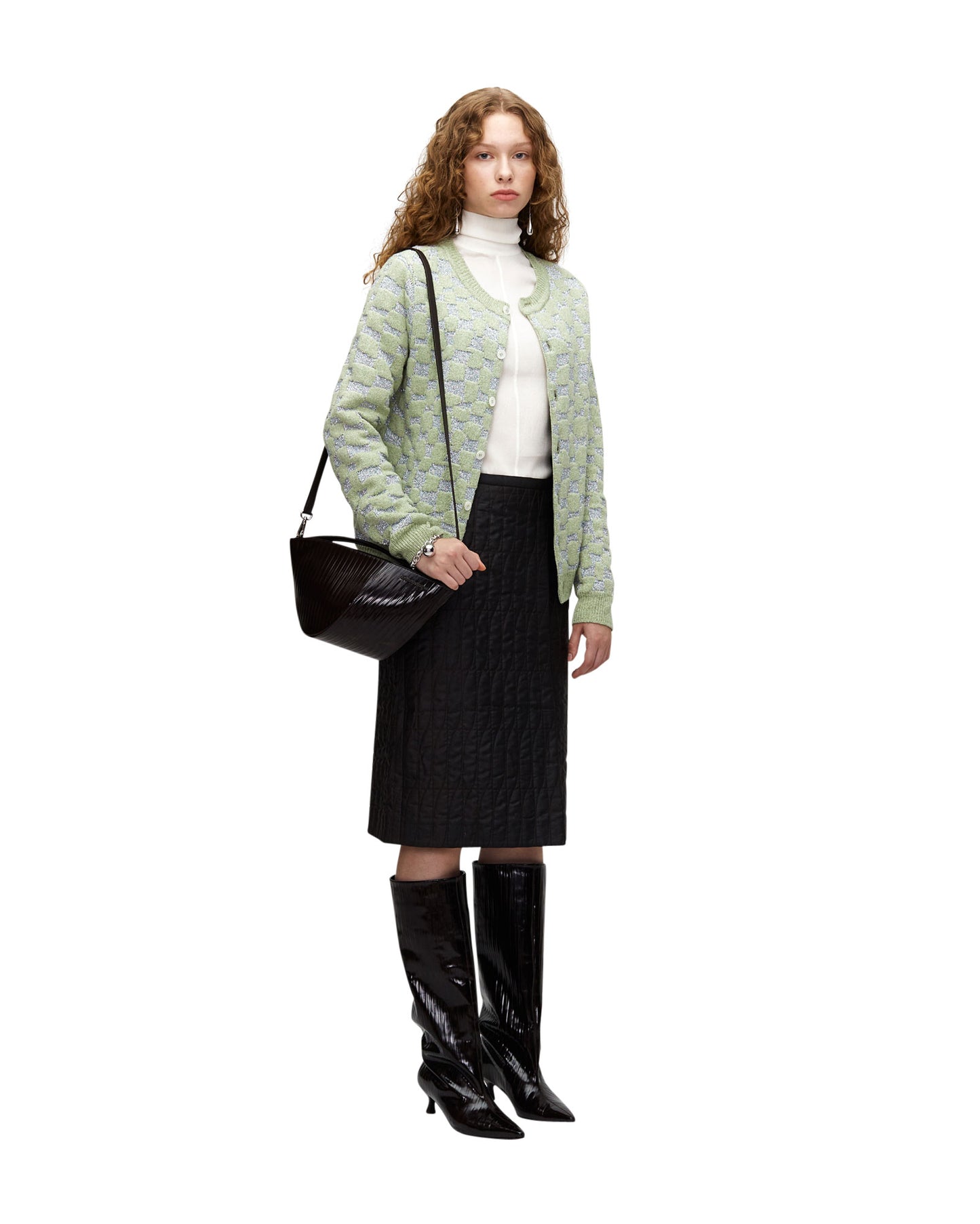 LIGHT GREEN METAL SILK JACQUARD KNIT CARDIGAN