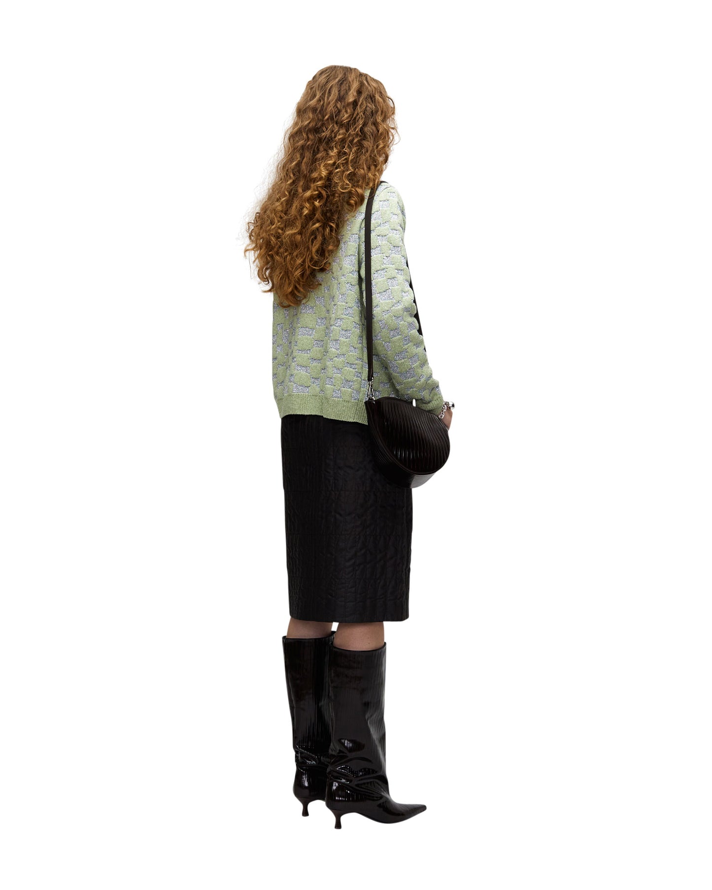 LIGHT GREEN METAL SILK JACQUARD KNIT CARDIGAN
