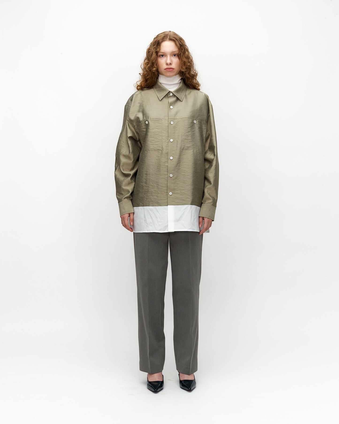 OLIVE GREEN SILK BLEND PANELED SHIRT