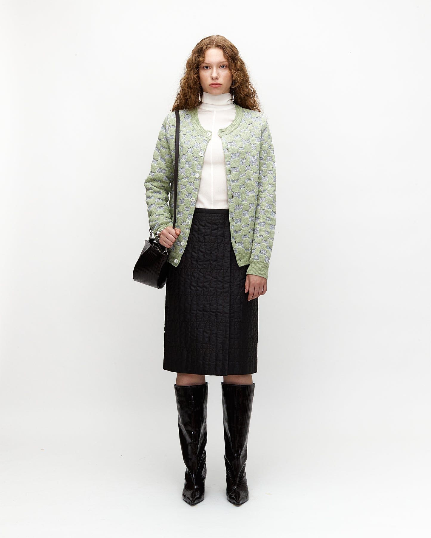 LIGHT GREEN METAL SILK JACQUARD KNIT CARDIGAN