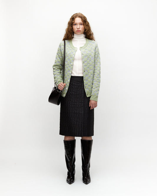 LIGHT GREEN METAL SILK JACQUARD KNIT CARDIGAN