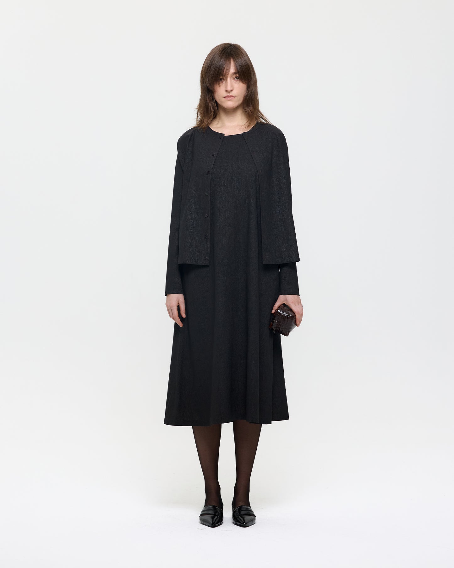 CRINKLED MUD DYED SILK ROUND NECK CARDIGAN