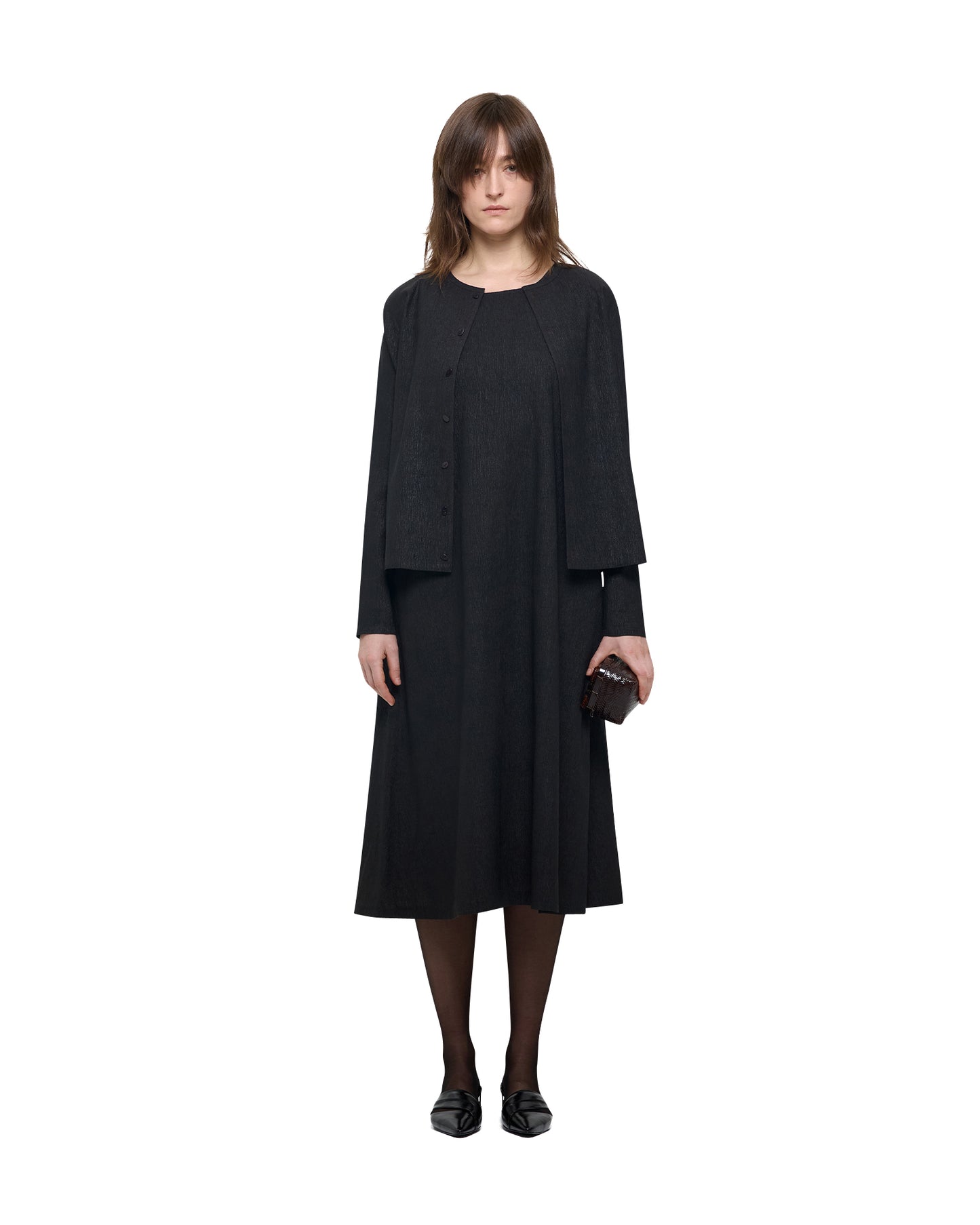 CRINKLED MUD DYED SILK ROUND NECK CARDIGAN