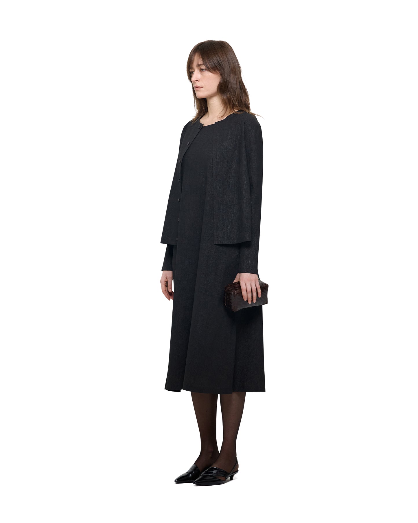 CRINKLED MUD DYED SILK ROUND NECK CARDIGAN
