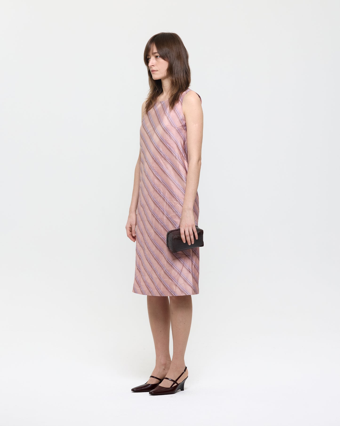 NATURAL DYED SILK BIAS STRIPE SLEEVELESS DRESS
