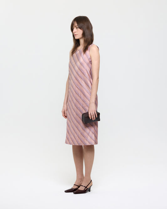 NATURAL DYED SILK BIAS STRIPE SLEEVELESS DRESS