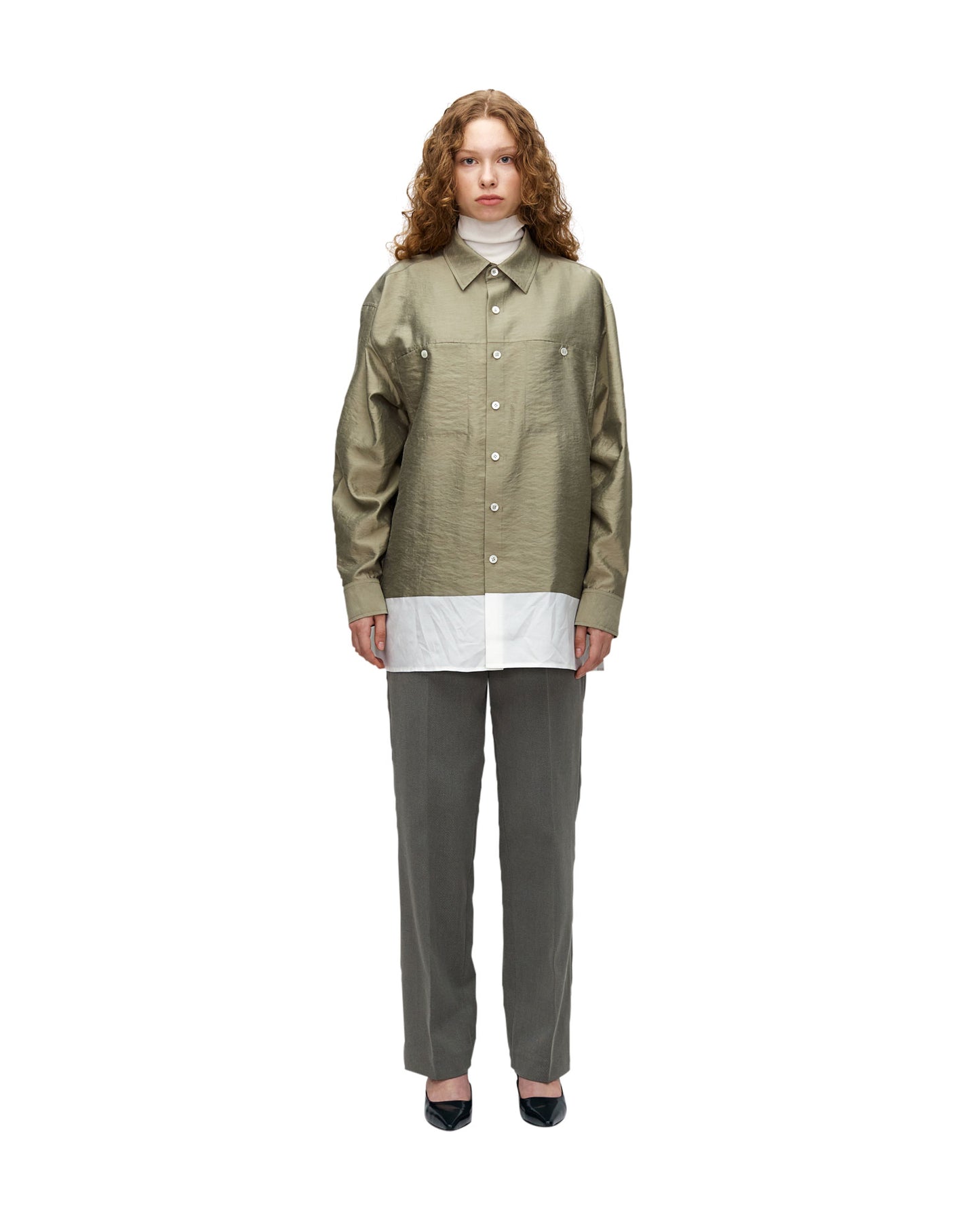 OLIVE GREEN SILK BLEND PANELED SHIRT