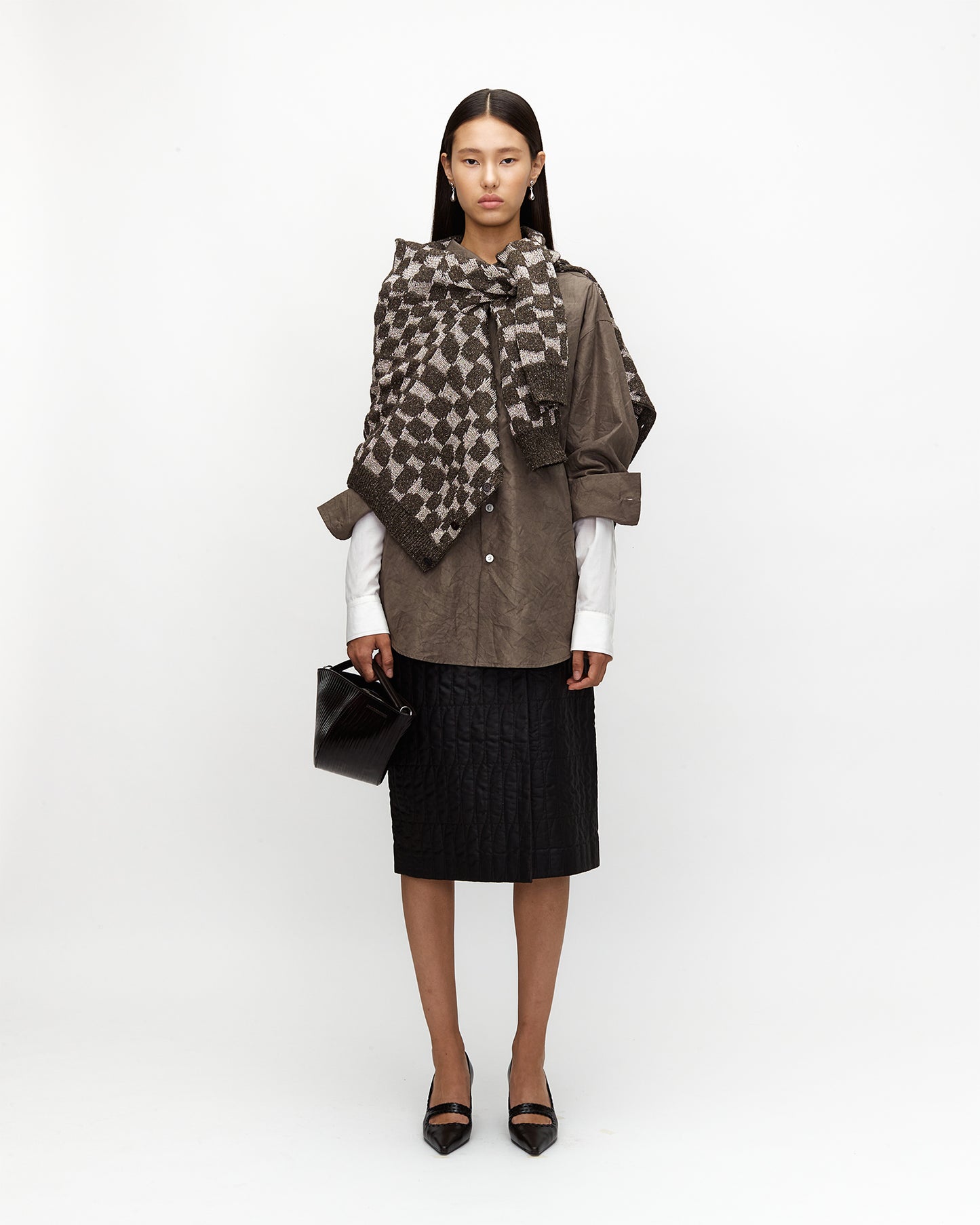 BROWN METAL SILK JACQUARD KNIT CARDIGAN