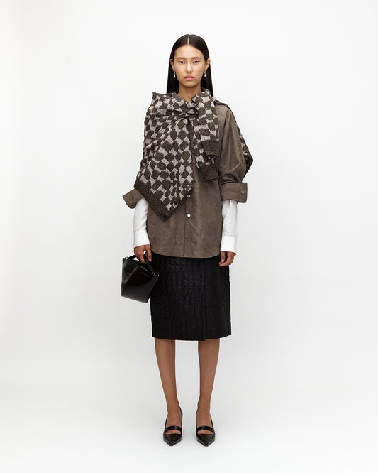 BROWN METAL SILK JACQUARD KNIT CARDIGAN