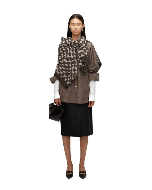 BROWN METAL SILK JACQUARD KNIT CARDIGAN