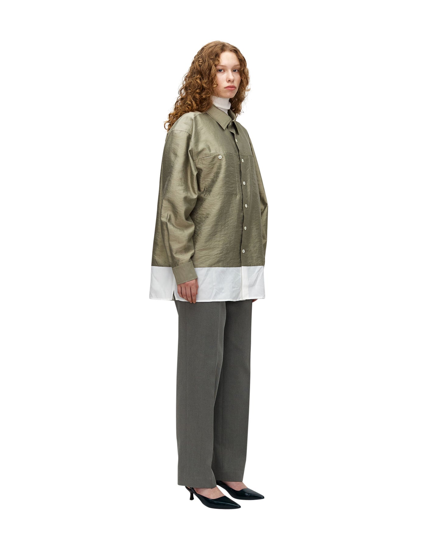 OLIVE GREEN SILK BLEND PANELED SHIRT